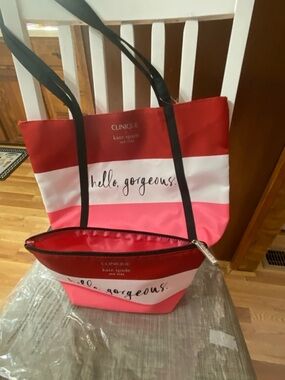 Clinique x Kate Spade Pink & Red Stripe 'Hello, Gorgeous' Tote and Pouch Set